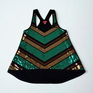 Bongo Sequin Tank Top Women M Green Gold Mardi Gras Chevron Racerback High Low